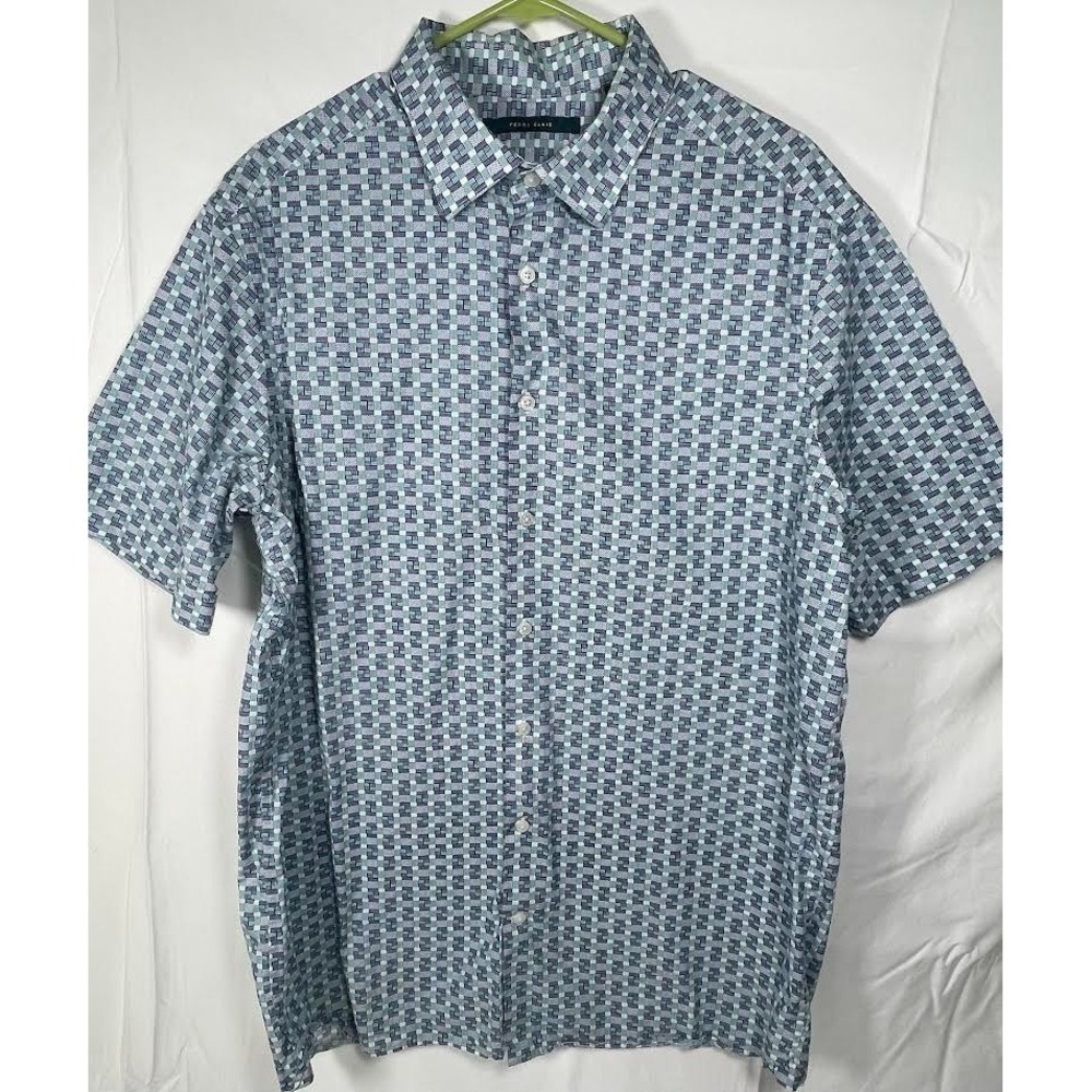 Perry Ellis Men's Short Sleeve Button-Up Shirt – Blue/Green Pattern – Size LT